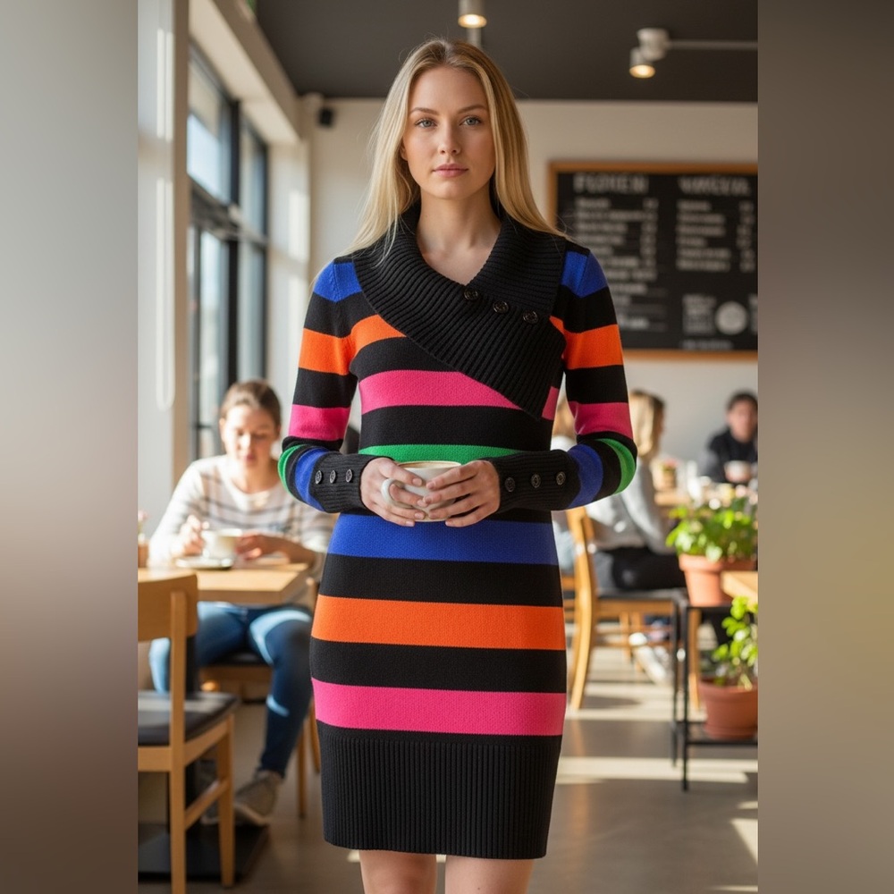 SAY WHAT STRIPED SWEATER DRESS COLORBLOCK COWL NECK LONG SLEEVE SIZE M